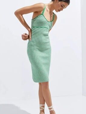 Anthropologie Green Gingham Knit Midi Dress